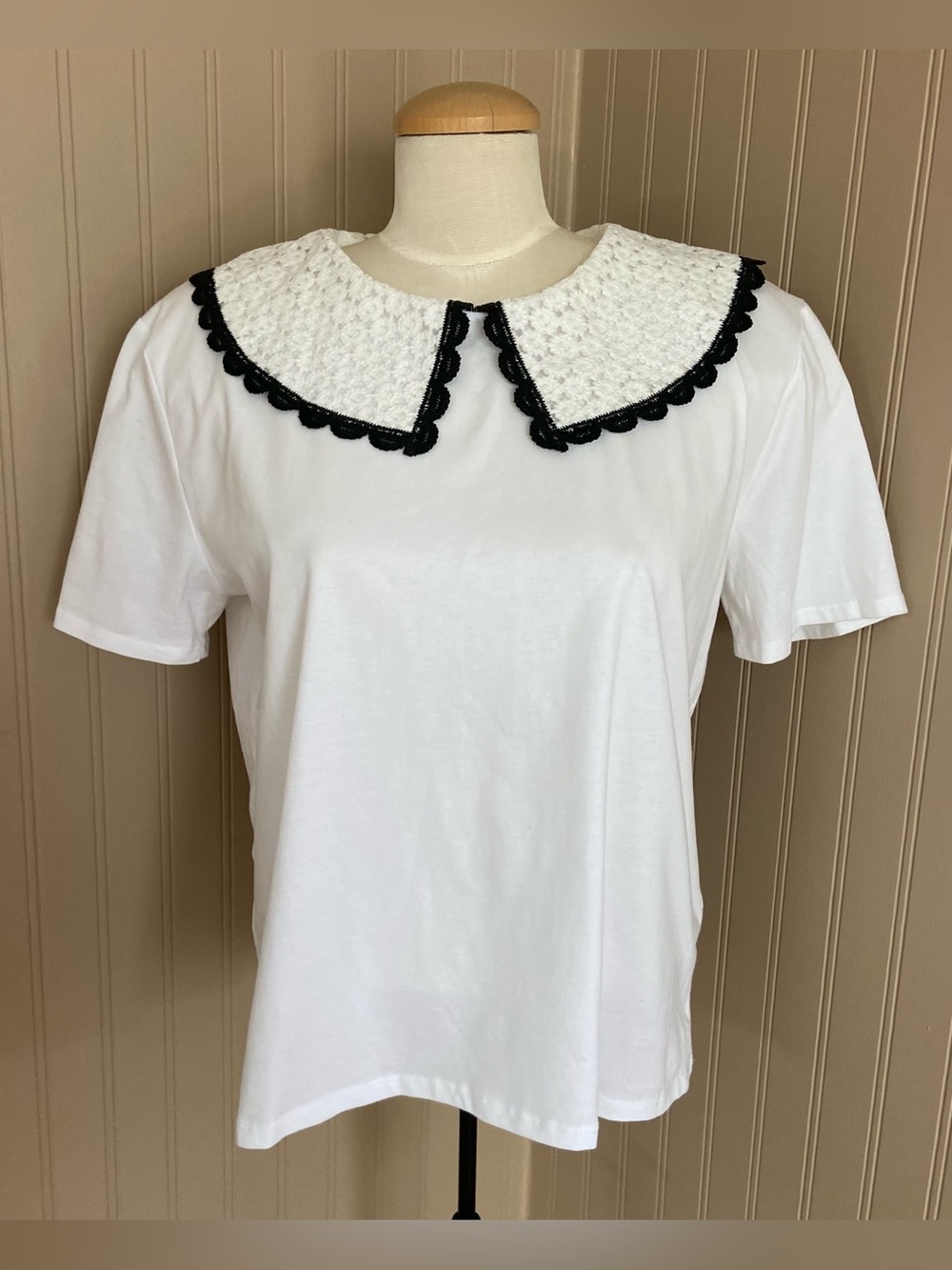 NWT Zara Crochet Peter Pan Collar 100% Cotton T-Shirt Blouse Women’s Size Large